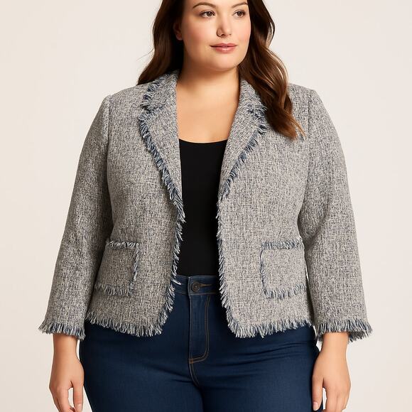 Jones New York Fringe Tweed Blazer Jacket Blue Beige Silk Size 16 NWT - Picture 1 of 14